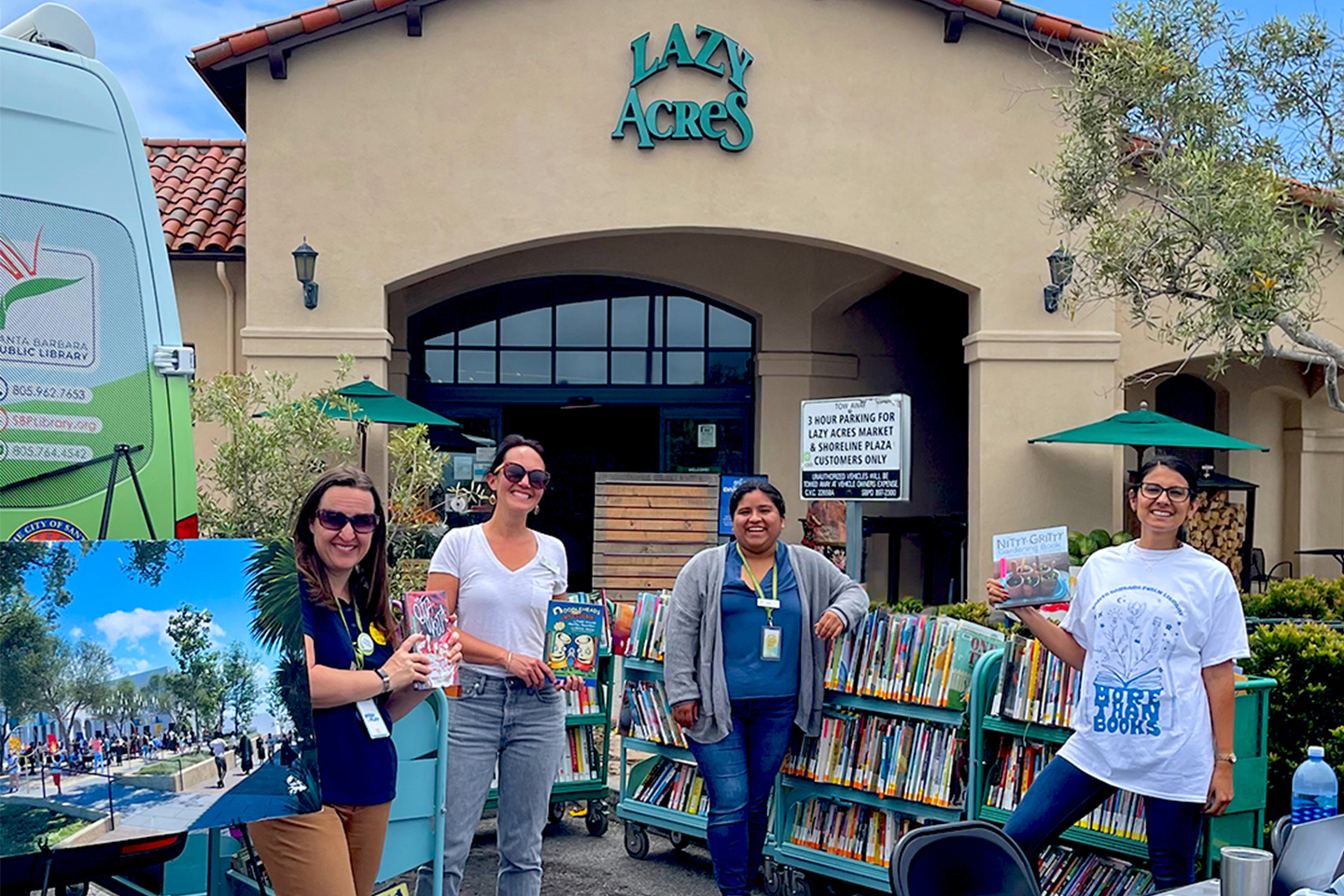 group of women standing in front of a Lazy Acres store with racks of books
